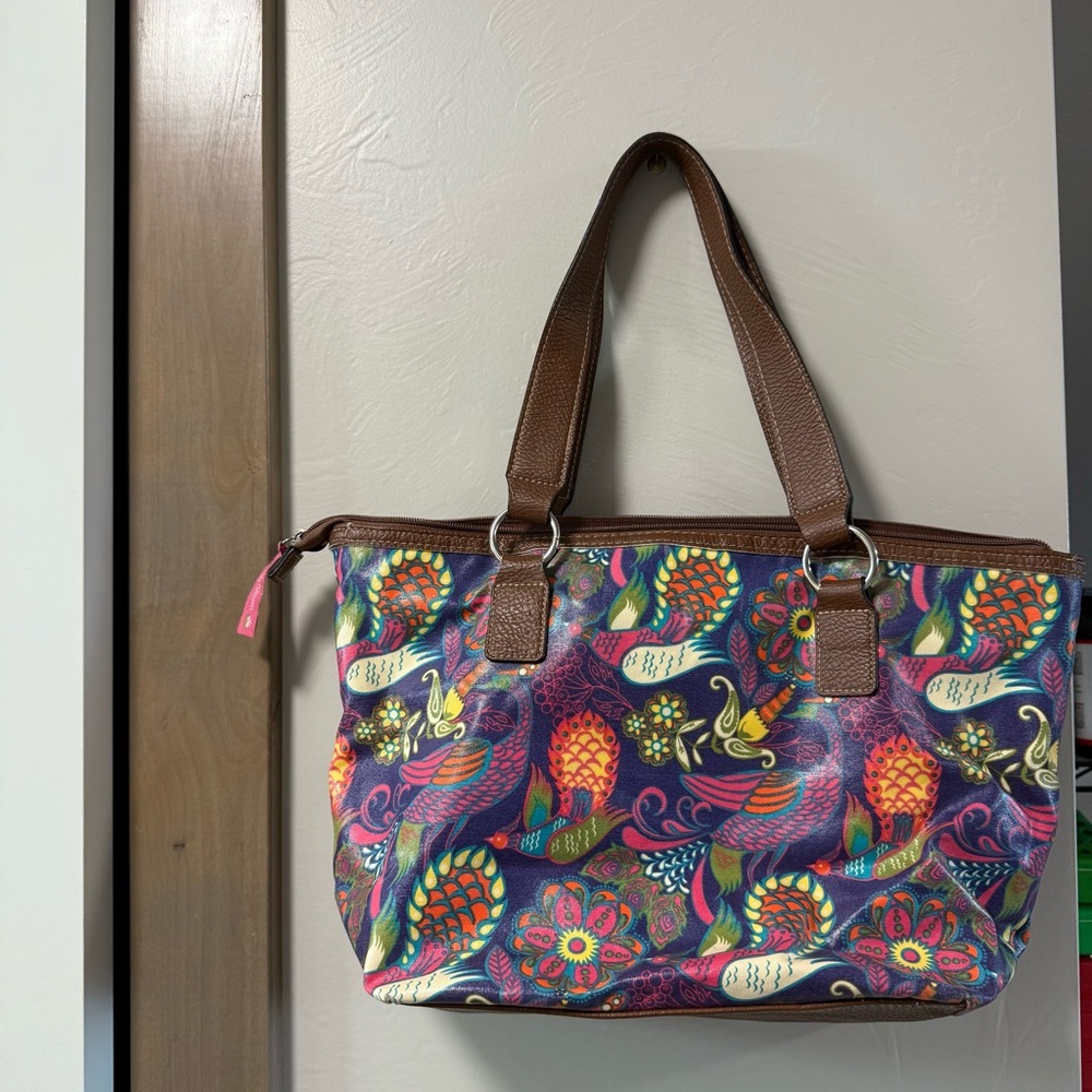 Lily Bloom Peacock Colorful Floral Shoulder Bag Purse Tote Lg Zip Top Abstract - Picture 5 of 7